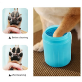 Before and after cleaning a dog's paw with the cup